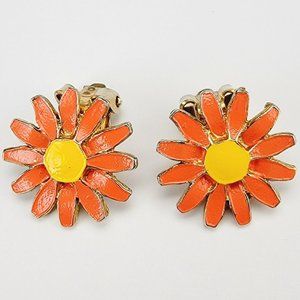Vintage Enamel‎ Orange Daisy Clip On Earrings